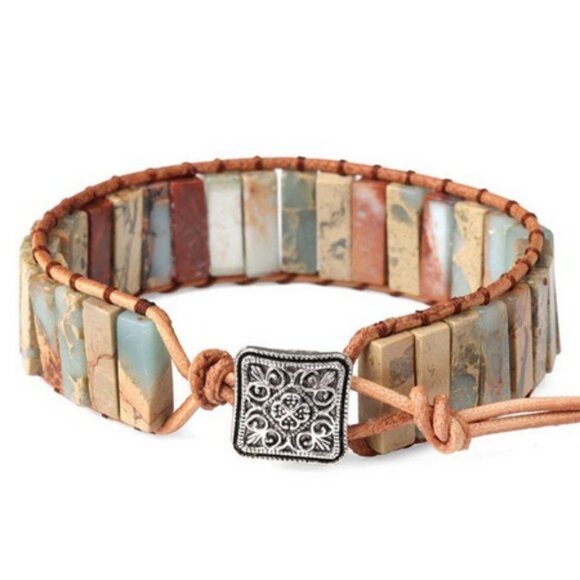 🍉NWT Handmade Unisex BOHO Multicolor Natural Stone Leather Adjustable Bracelet - Picture 1 of 9